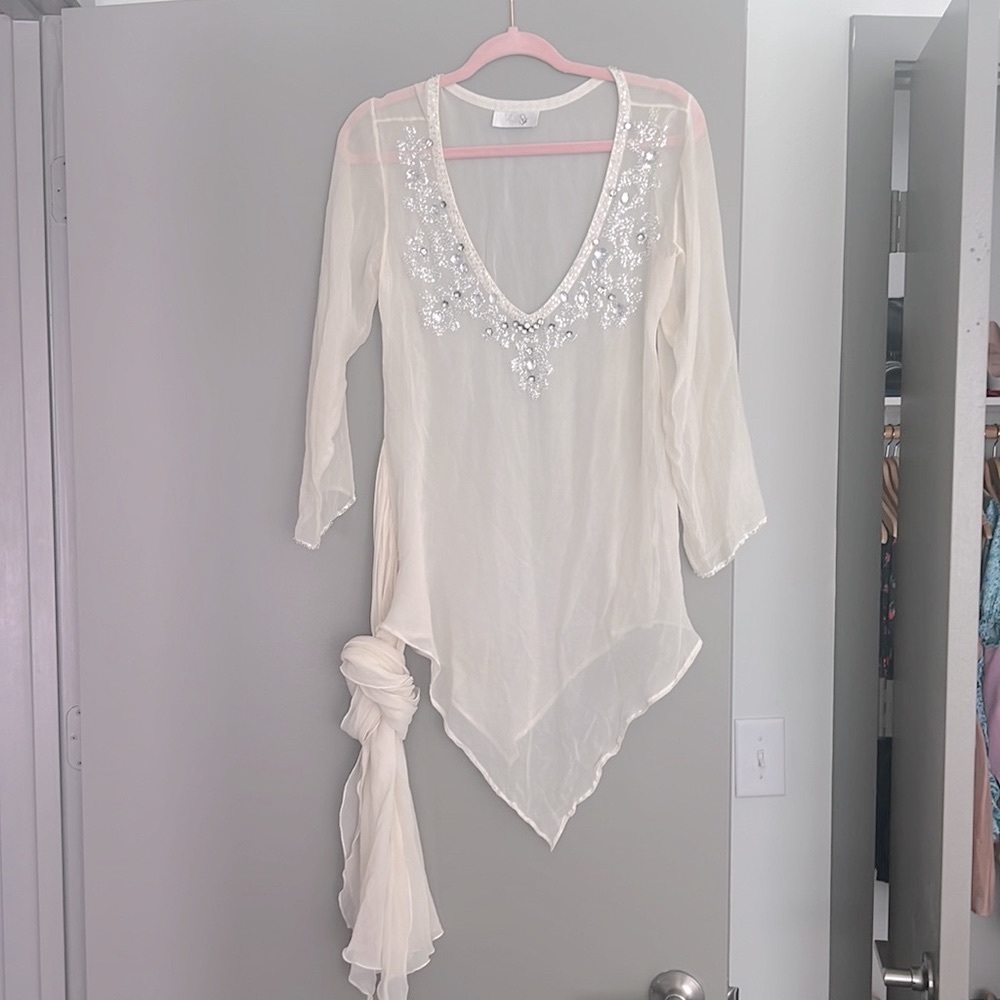 100% Silk Sheer Embellished Blouse, S/M